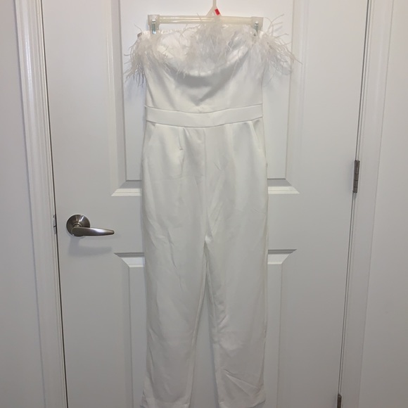 White Strapless Feather Trim Jumpsuit - Picture 5 of 7